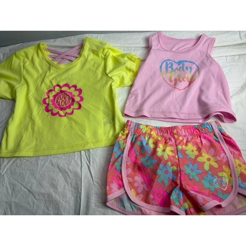 Body Glove Kids Girls 3 Piece Athletic Set Neon Yellow Tank Shorts Size 5